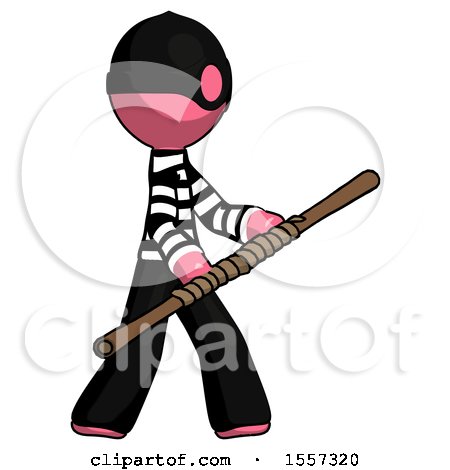 Pink Thief Man Holding Bo Staff in Sideways Defense Pose by Leo Blanchette