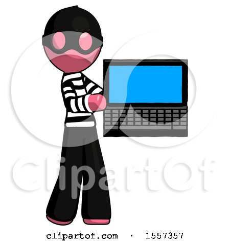 Pink Thief Man Holding Laptop Computer Presenting Something on Screen by Leo Blanchette