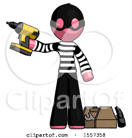Pink Thief Man Holding Drill Ready to Work, Toolchest and Tools to Right by Leo Blanchette