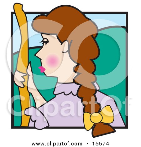 Woman With Long Brown Hair, Holding A Staff And Standing On A Grassy Hill, Bo Peep. Clipart Illustration by Andy Nortnik