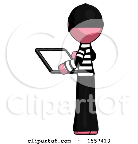 Pink Thief Man Looking at Tablet Device Computer with Back to Viewer by Leo Blanchette