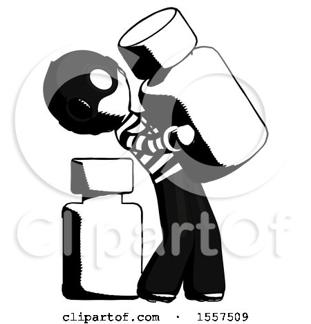 Ink Thief Man Holding Large White Medicine Bottle with Bottle in Background by Leo Blanchette