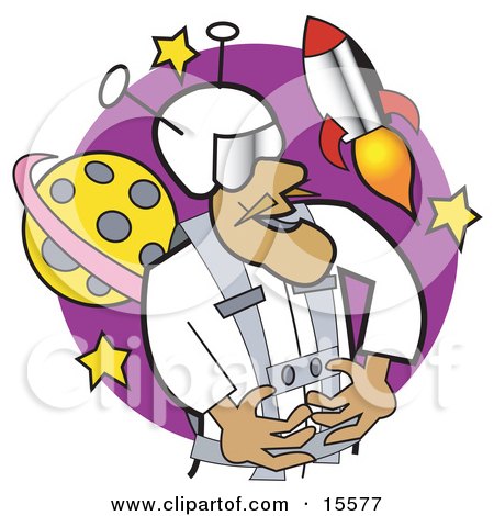Proud Astronaut In A Spacesuit, Floating In Outer Space Near A Space Shuttle Rocket And A Planet Clipart Illustration by Andy Nortnik