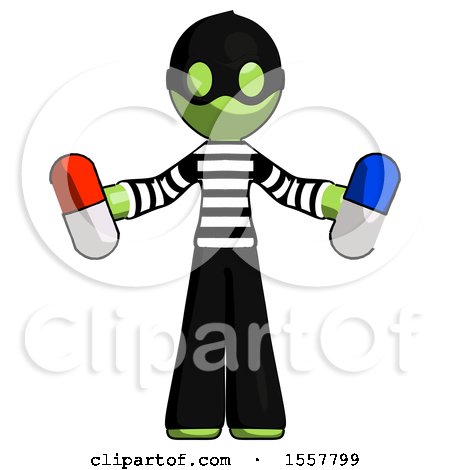 Green Thief Man Holding a Red Pill and Blue Pill by Leo Blanchette