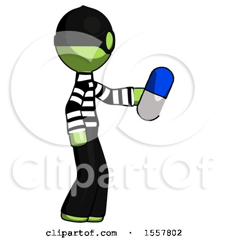 Green Thief Man Holding Blue Pill Walking to Right by Leo Blanchette
