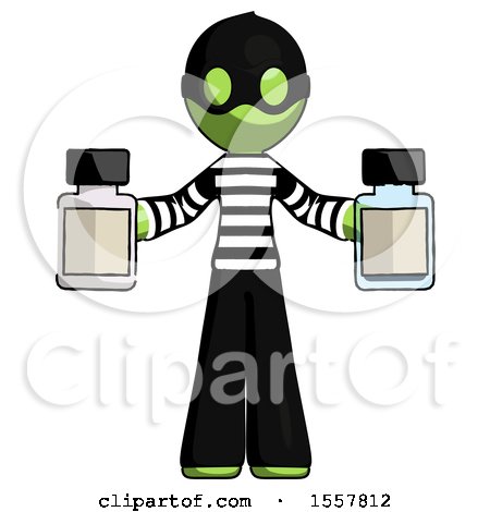 Green Thief Man Holding Two Medicine Bottles by Leo Blanchette