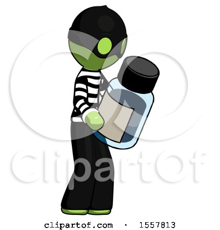 Green Thief Man Holding Glass Medicine Bottle by Leo Blanchette