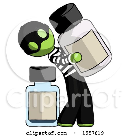 Green Thief Man Holding Large White Medicine Bottle with Bottle in Background by Leo Blanchette