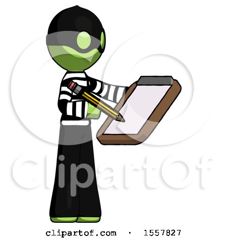 Green Thief Man Using Clipboard and Pencil by Leo Blanchette