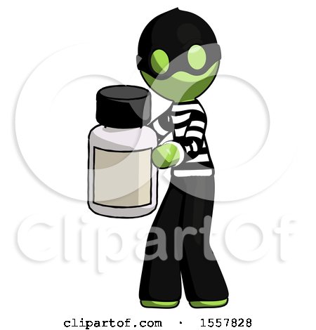 Green Thief Man Holding White Medicine Bottle by Leo Blanchette
