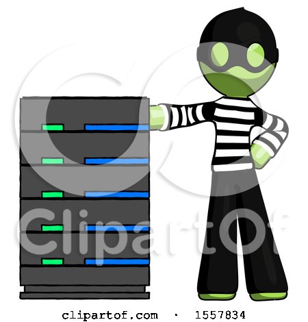 Green Thief Man with Server Rack Leaning Confidently Against It by Leo Blanchette