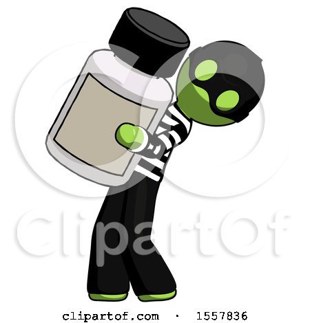 Green Thief Man Holding Large White Medicine Bottle by Leo Blanchette
