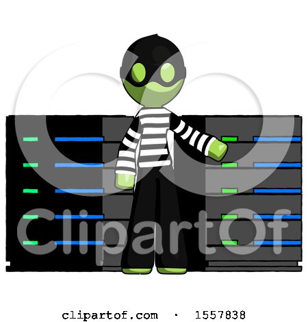 Green Thief Man with Server Racks, in Front of Two Networked Systems by Leo Blanchette