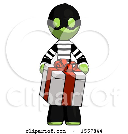 Green Thief Man Gifting Present with Large Bow Front View by Leo Blanchette