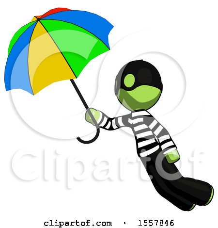 Green Thief Man Flying with Rainbow Colored Umbrella by Leo Blanchette