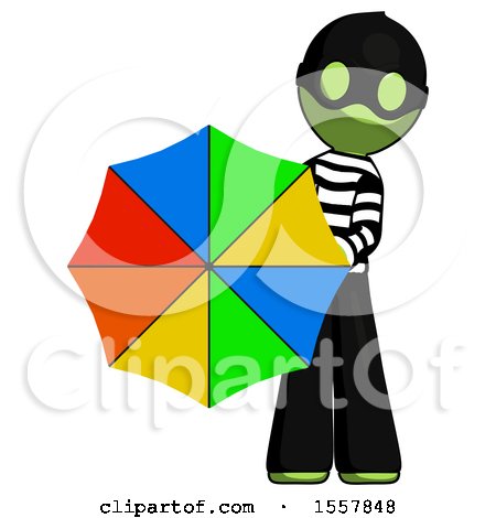 Green Thief Man Holding Rainbow Umbrella out to Viewer by Leo Blanchette