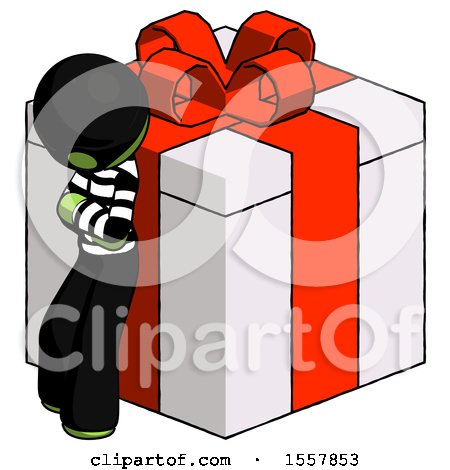 Green Thief Man Leaning on Gift with Red Bow Angle View by Leo Blanchette