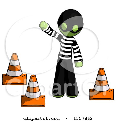 Green Thief Man Standing by Traffic Cones Waving by Leo Blanchette