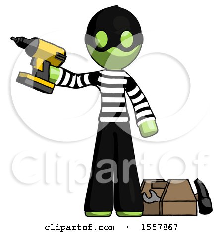 Green Thief Man Holding Drill Ready to Work, Toolchest and Tools to Right by Leo Blanchette