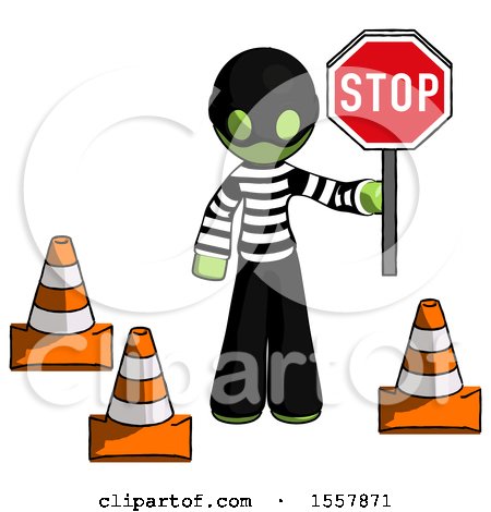 Green Thief Man Holding Stop Sign by Traffic Cones Under Construction Concept by Leo Blanchette