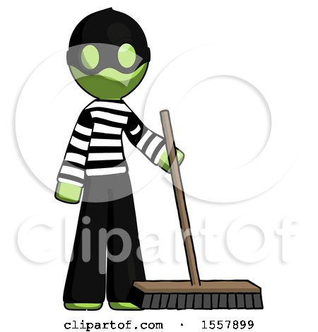 Green Thief Man Standing with Industrial Broom by Leo Blanchette