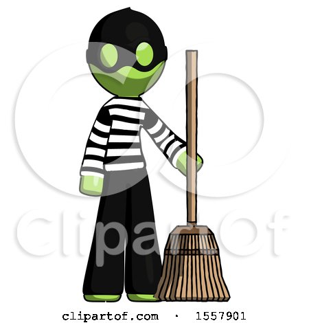 Green Thief Man Standing with Broom Cleaning Services by Leo Blanchette