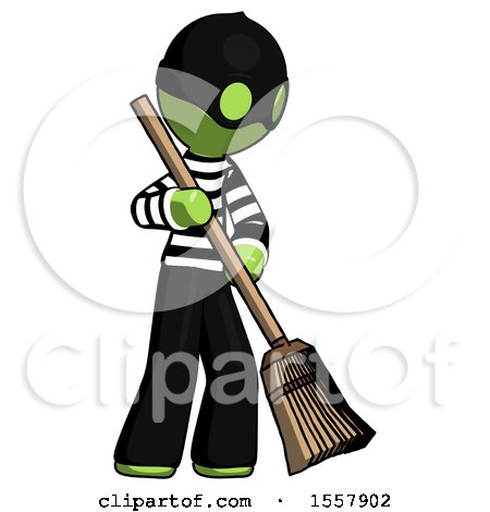 Green Thief Man Sweeping Area with Broom by Leo Blanchette