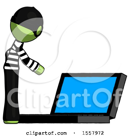 Green Thief Man Using Large Laptop Computer Side Orthographic View by Leo Blanchette