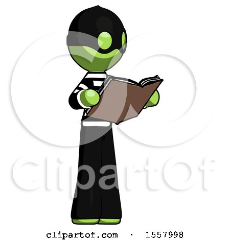 Green Thief Man Reading Book While Standing up Facing Away by Leo Blanchette