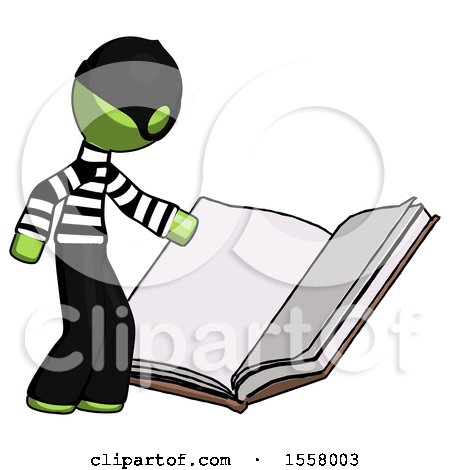 Green Thief Man Reading Big Book While Standing Beside It by Leo Blanchette