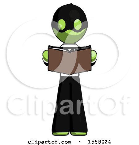 Green Thief Man Reading Book While Standing up Facing Viewer by Leo Blanchette