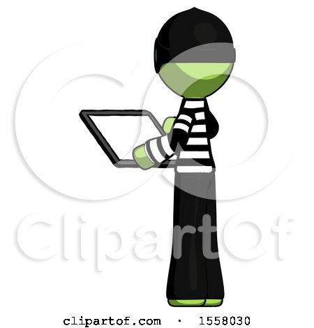Green Thief Man Looking at Tablet Device Computer with Back to Viewer by Leo Blanchette