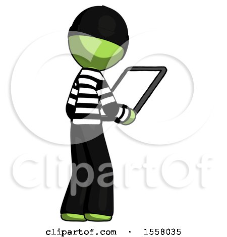 Green Thief Man Looking at Tablet Device Computer Facing Away by Leo Blanchette