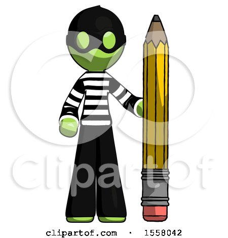 Green Thief Man with Large Pencil Standing Ready to Write by Leo Blanchette