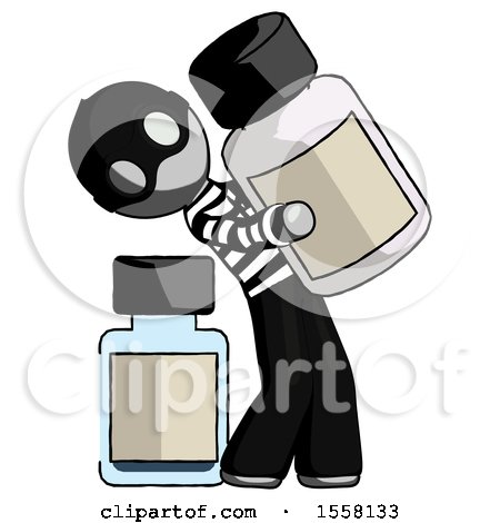 Gray Thief Man Holding Large White Medicine Bottle with Bottle in Background by Leo Blanchette