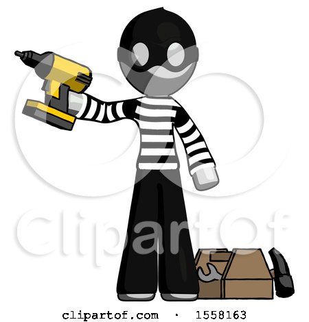 Gray Thief Man Holding Drill Ready to Work, Toolchest and Tools to Right by Leo Blanchette
