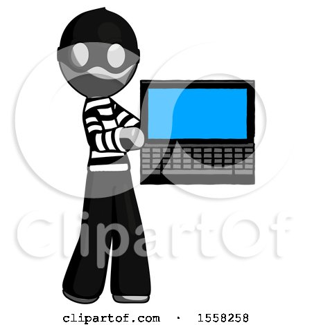 Gray Thief Man Holding Laptop Computer Presenting Something on Screen by Leo Blanchette