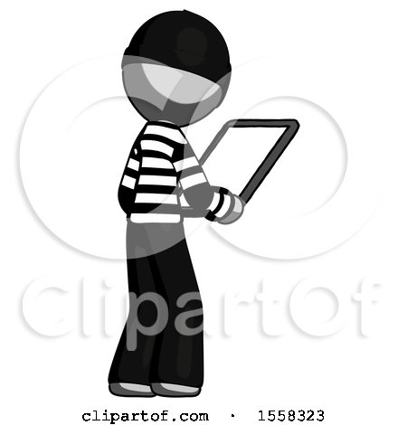 Gray Thief Man Looking at Tablet Device Computer Facing Away by Leo Blanchette