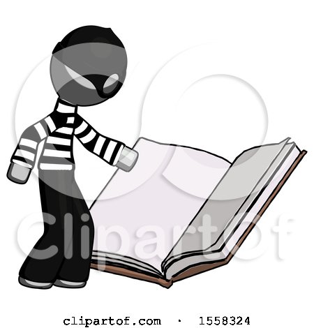 Gray Thief Man Reading Big Book While Standing Beside It by Leo Blanchette