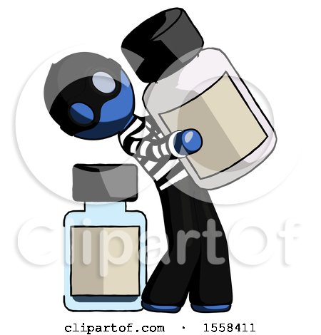 Blue Thief Man Holding Large White Medicine Bottle with Bottle in Background by Leo Blanchette
