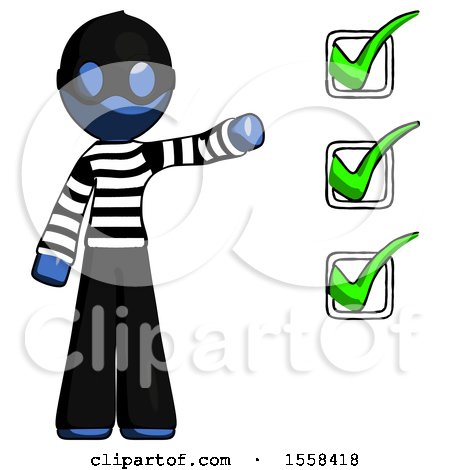Blue Thief Man Standing by List of Checkmarks by Leo Blanchette
