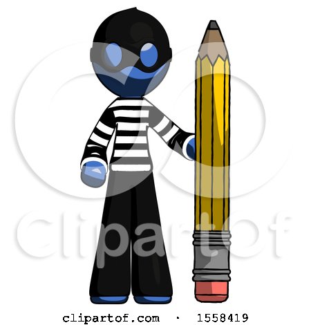Blue Thief Man with Large Pencil Standing Ready to Write by Leo Blanchette