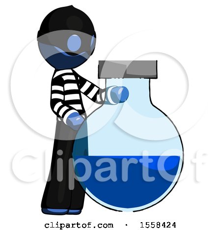 Blue Thief Man Standing Beside Large Round Flask or Beaker by Leo Blanchette