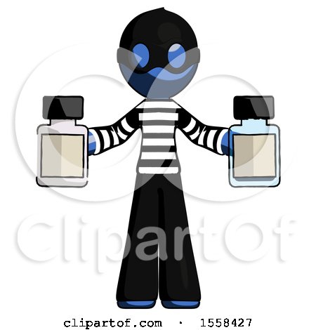 Blue Thief Man Holding Two Medicine Bottles by Leo Blanchette