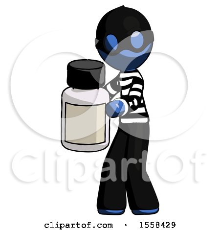 Blue Thief Man Holding White Medicine Bottle by Leo Blanchette