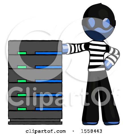 Blue Thief Man with Server Rack Leaning Confidently Against It by Leo Blanchette