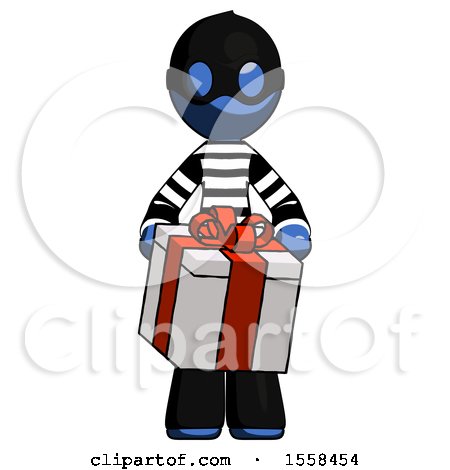 Blue Thief Man Gifting Present with Large Bow Front View by Leo Blanchette