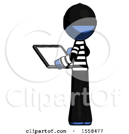 Blue Thief Man Looking at Tablet Device Computer with Back to Viewer by Leo Blanchette