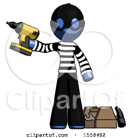 Blue Thief Man Holding Drill Ready to Work, Toolchest and Tools to Right by Leo Blanchette