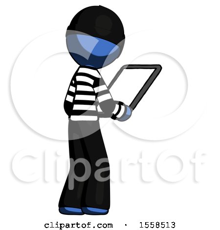 Blue Thief Man Looking at Tablet Device Computer Facing Away by Leo Blanchette